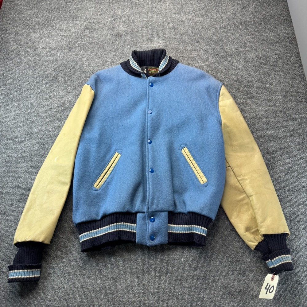 Vintage Skookum Letterman Jacket 40 Mens M Light Blue Wool Leather Sleeves USA